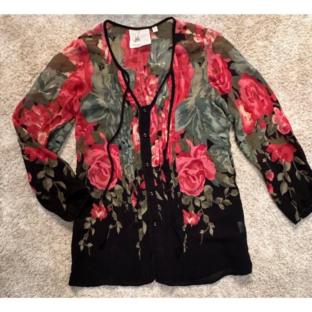 Anthropologie One Fine Day Sheer Floral Blouse Sz XS Button Front Romantic Boho
